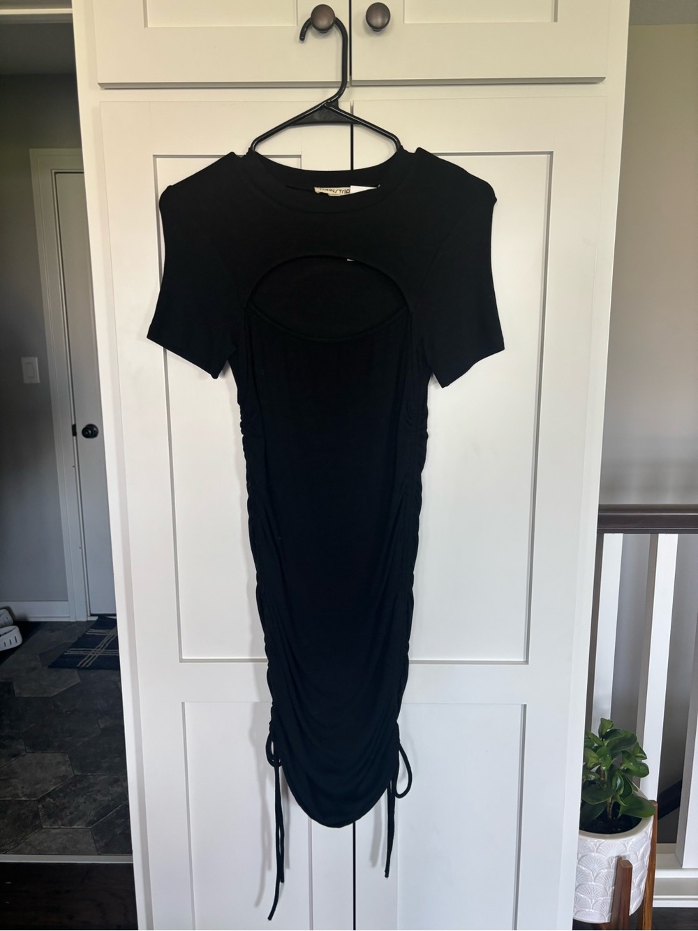 Main Strip Black Short-Sleeve Ruched Cutout Mini Dress